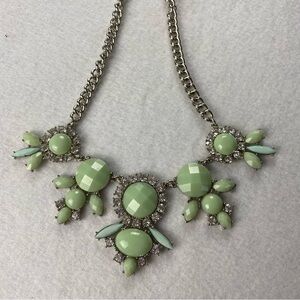 Elegant Mint Green Statement Bib Necklace 17” Silver tone Rhinestones